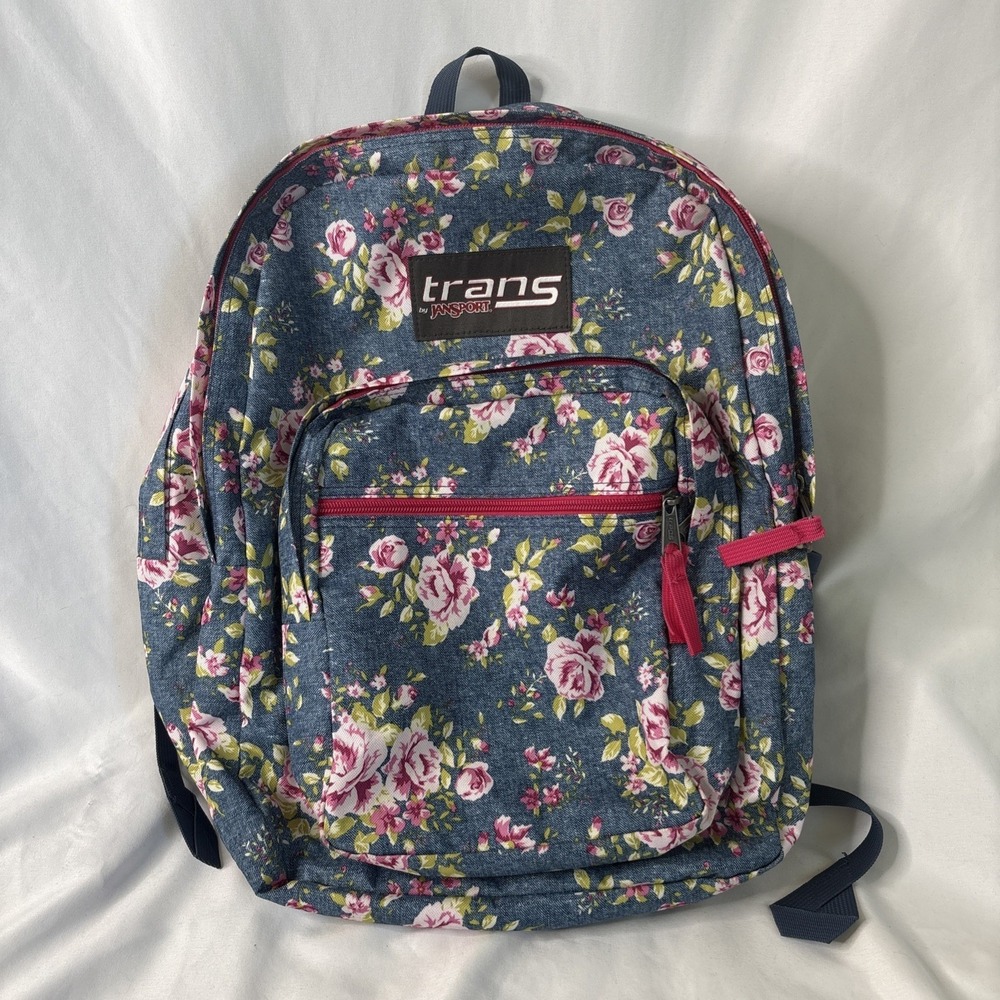 Trans By Jansport SuperMax 17" Backpack Retro Pink Rose Floral Blue Denim Style